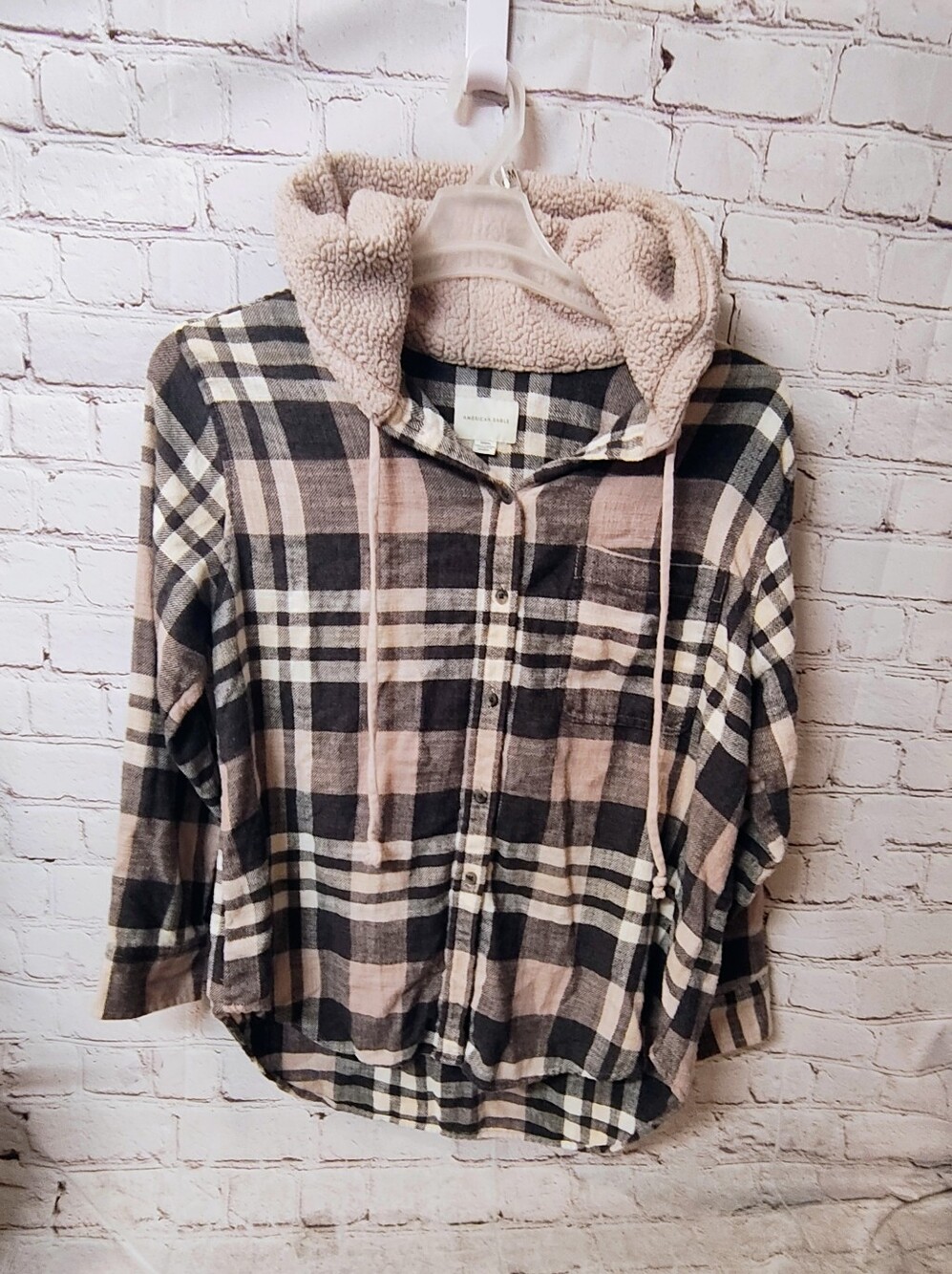 American Eagle Women's Shacket M Grey Plaid Sherpa Button Cozy Jacket Cabincore